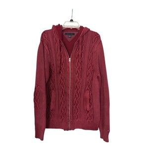 Tommy Hilfiger Men’s Full Zip Maroon Cable Knit Sweater Jacket w/Hood Size L